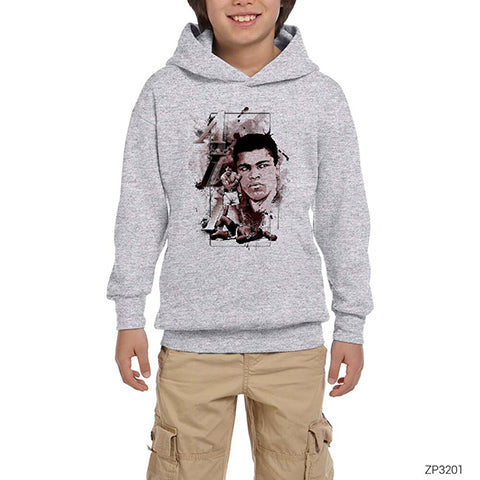 Muhammed Ali in Hearth Gri Çocuk Kapşonlu Sweatshirt