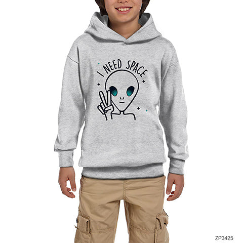 Alien I Need Space Gri Çocuk Kapşonlu Sweatshirt