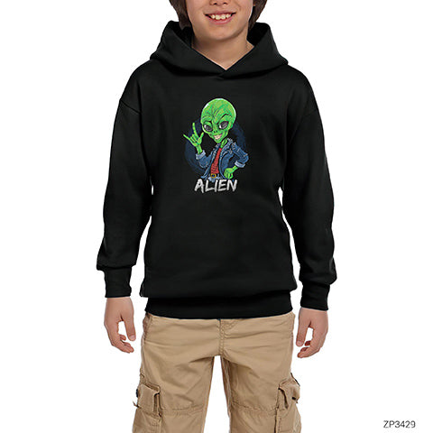 Rock Star Alien Siyah Çocuk Kapşonlu Sweatshirt