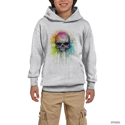 Skull Kuru Kafa Paint Gri Çocuk Kapşonlu Sweatshirt