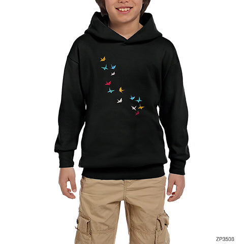 Flying Papers as Birds Siyah Çocuk Kapşonlu Sweatshirt