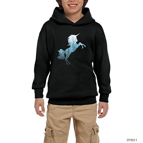 Unicorn Orman Siyah Çocuk Kapşonlu Sweatshirt