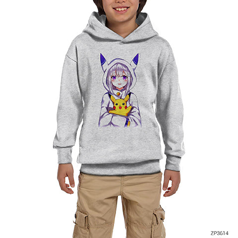 RE Zero Emilia and Pikachu Gri Çocuk Kapşonlu Sweatshirt