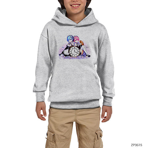 Re Zero Rem and Ram Gri Çocuk Kapşonlu Sweatshirt