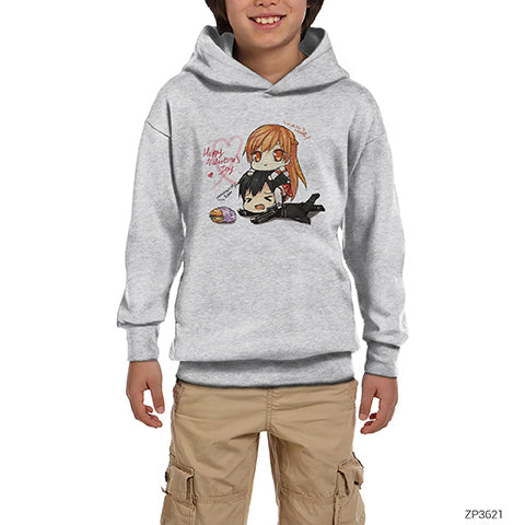 Sword Art Online Asuna and Kirito Gri Çocuk Kapşonlu Sweatshirt