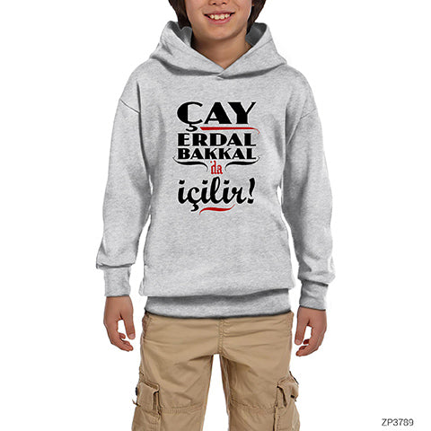 Çay Erdal Bakkalda İçilir Gri Çocuk Kapşonlu Sweatshirt