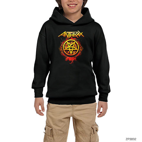 Anthrax Fire with Pentagram Siyah Çocuk Kapşonlu Sweatshirt