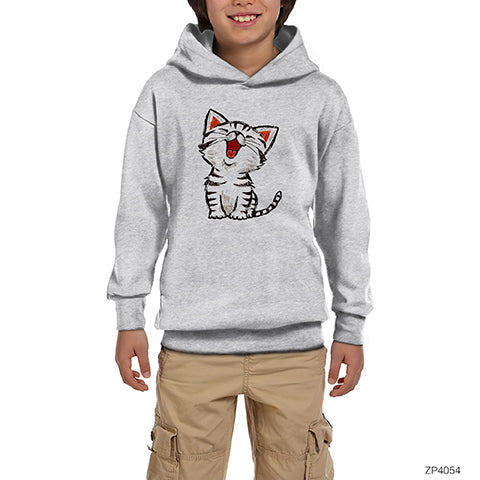 Beyaz Yavru Kedi Gri Çocuk Kapşonlu Sweatshirt