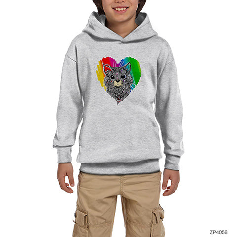 Kedi Gökkuşağı Gri Çocuk Kapşonlu Sweatshirt