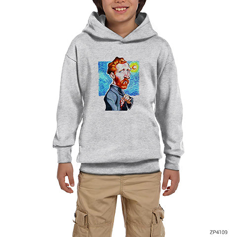 Van Gogh Karikatür Gri Çocuk Kapşonlu Sweatshirt