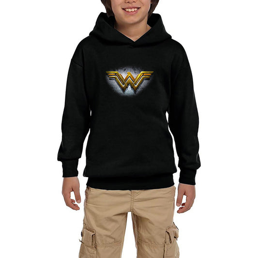 Wonder Woman Gold Logo Siyah Çocuk Kapşonlu Sweatshirt