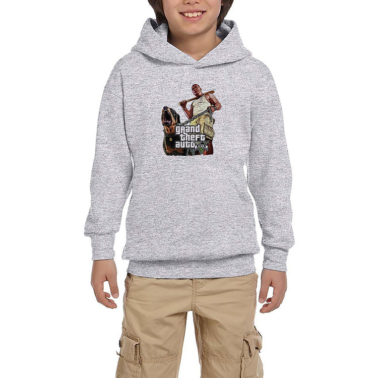 Grand Theft Auto Five Dog And Man Gri Çocuk Kapşonlu Sweatshirt