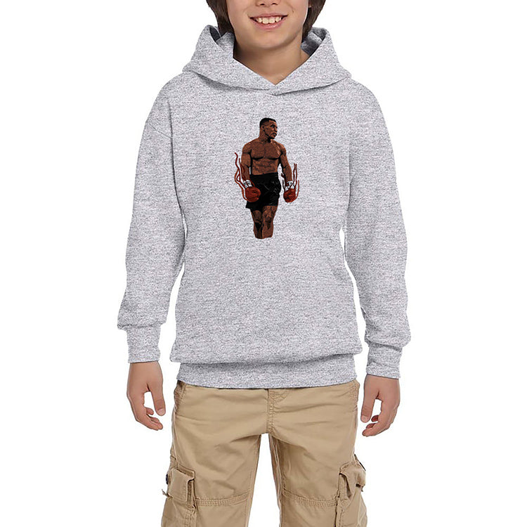 Mike Tyson Fire Boxing Gloves Gri Çocuk Kapşonlu Sweatshirt