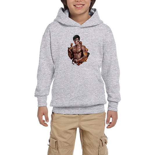 Bruce Lee Kick Dragon Gri Çocuk Kapşonlu Sweatshirt