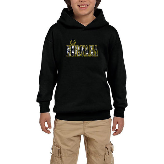 Nirvana Logo ve Yazı Siyah Çocuk Kapşonlu Sweatshirt
