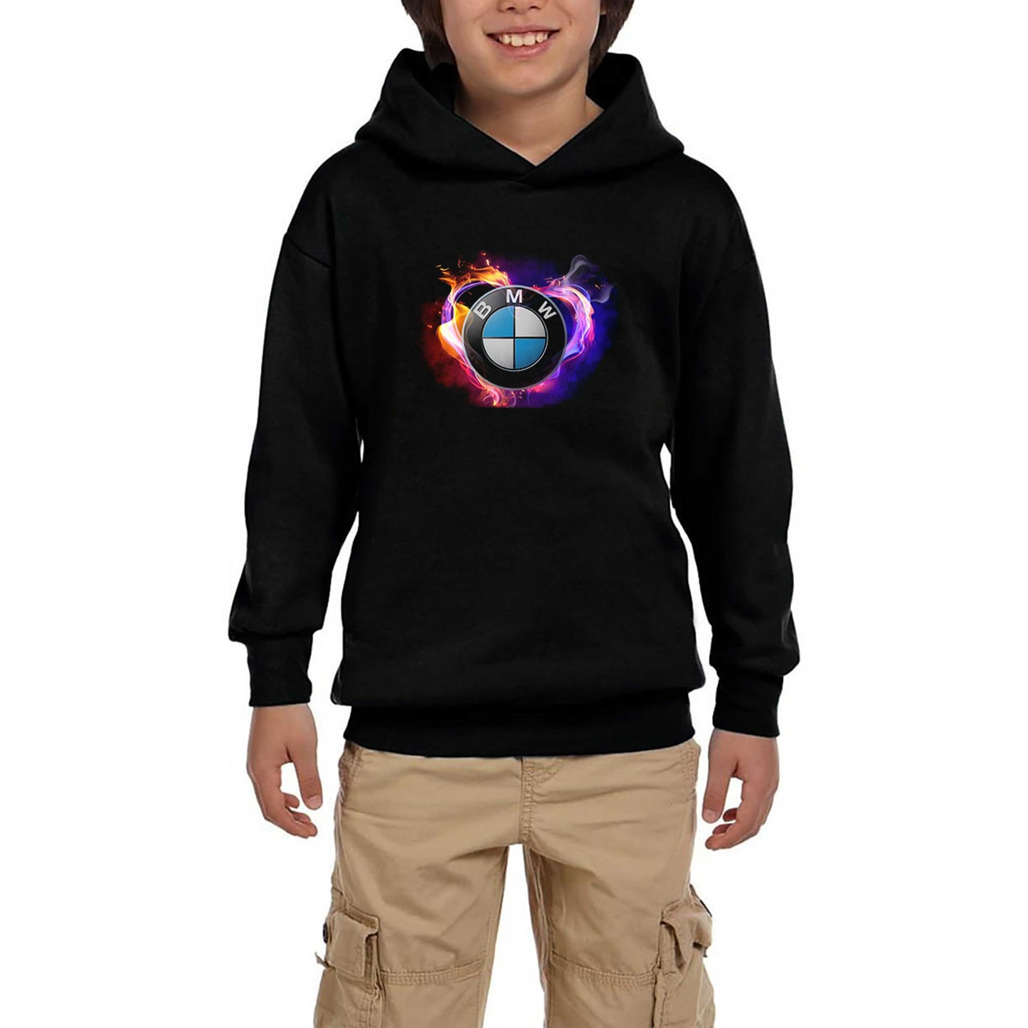 BMW Heart Colorful Logo Siyah Çocuk Kapşonlu Sweatshirt