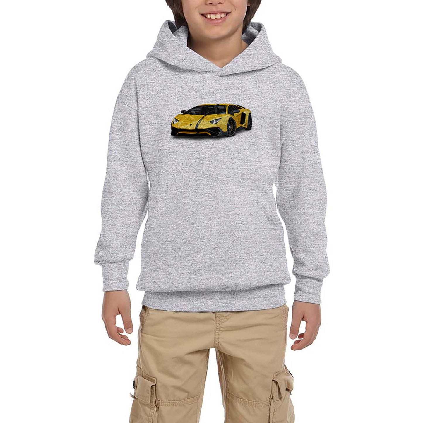 Lamborghini Aventador Yellow Gri Çocuk Kapşonlu Sweatshirt