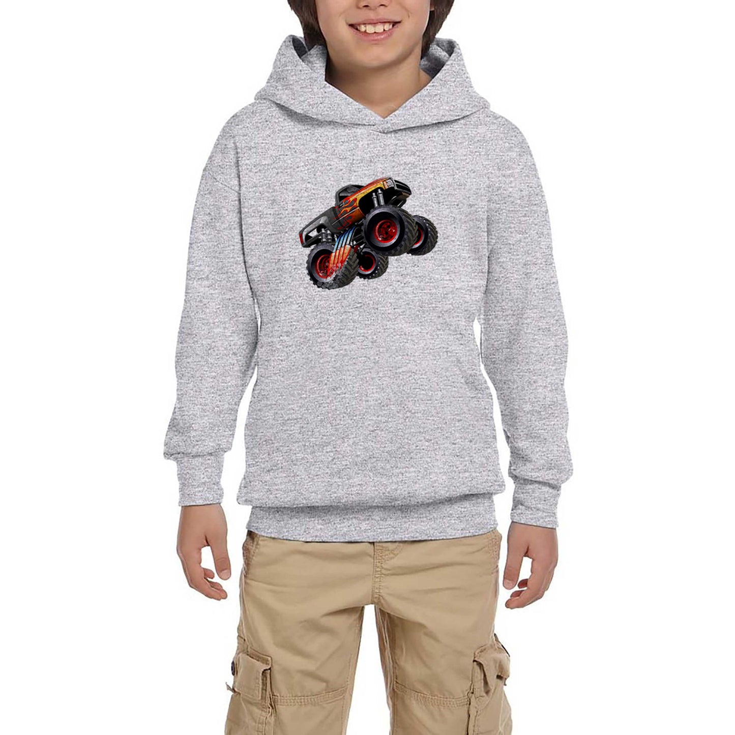 Cartoon Monster Truck Gri Çocuk Kapşonlu Sweatshirt