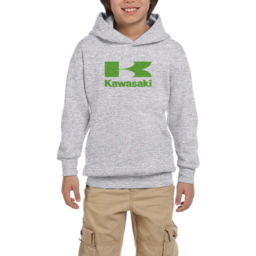 Kawasaki Yeşil Logo Gri Çocuk Kapşonlu Sweatshirt