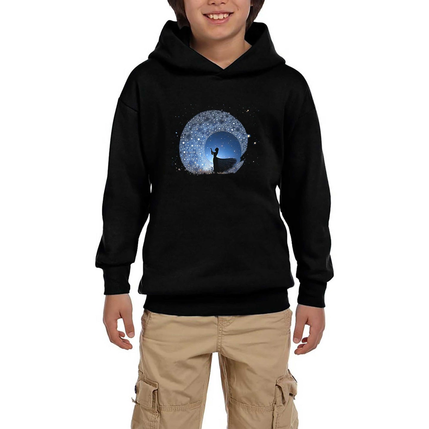 Woman Watching The Stars in The Sky Siyah Çocuk Kapşonlu Sweatshirt