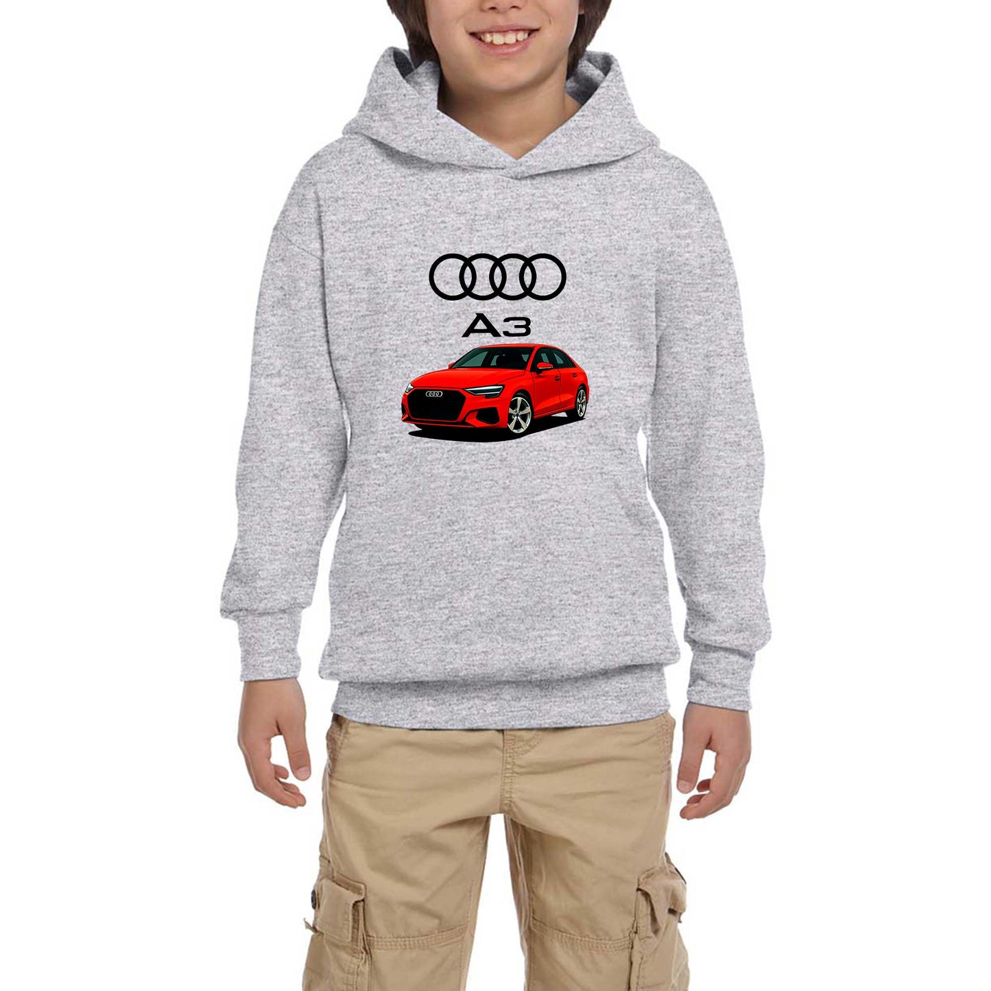 Audi A3 Text Logo Gri Çocuk Kapşonlu Sweatshirt