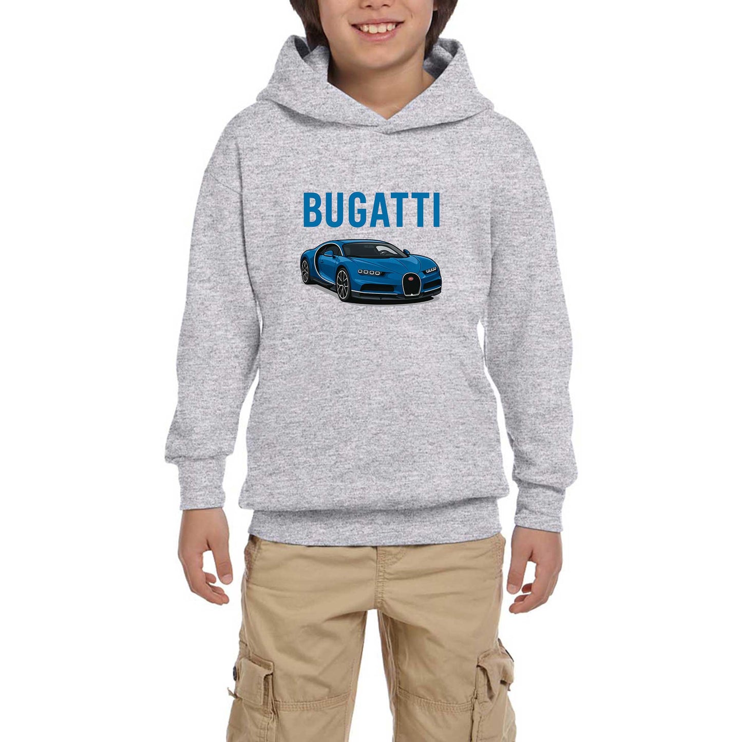 Bugatti Blue Sport Car Gri Çocuk Kapşonlu Sweatshirt