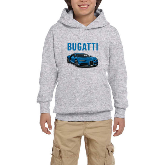 Bugatti Blue Sport Car Gri Çocuk Kapşonlu Sweatshirt