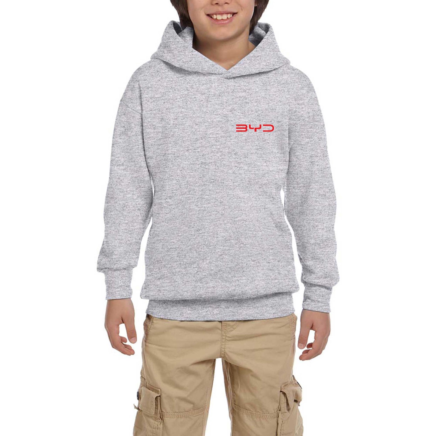 BYD Logo Text Red Gri Çocuk Kapşonlu Sweatshirt
