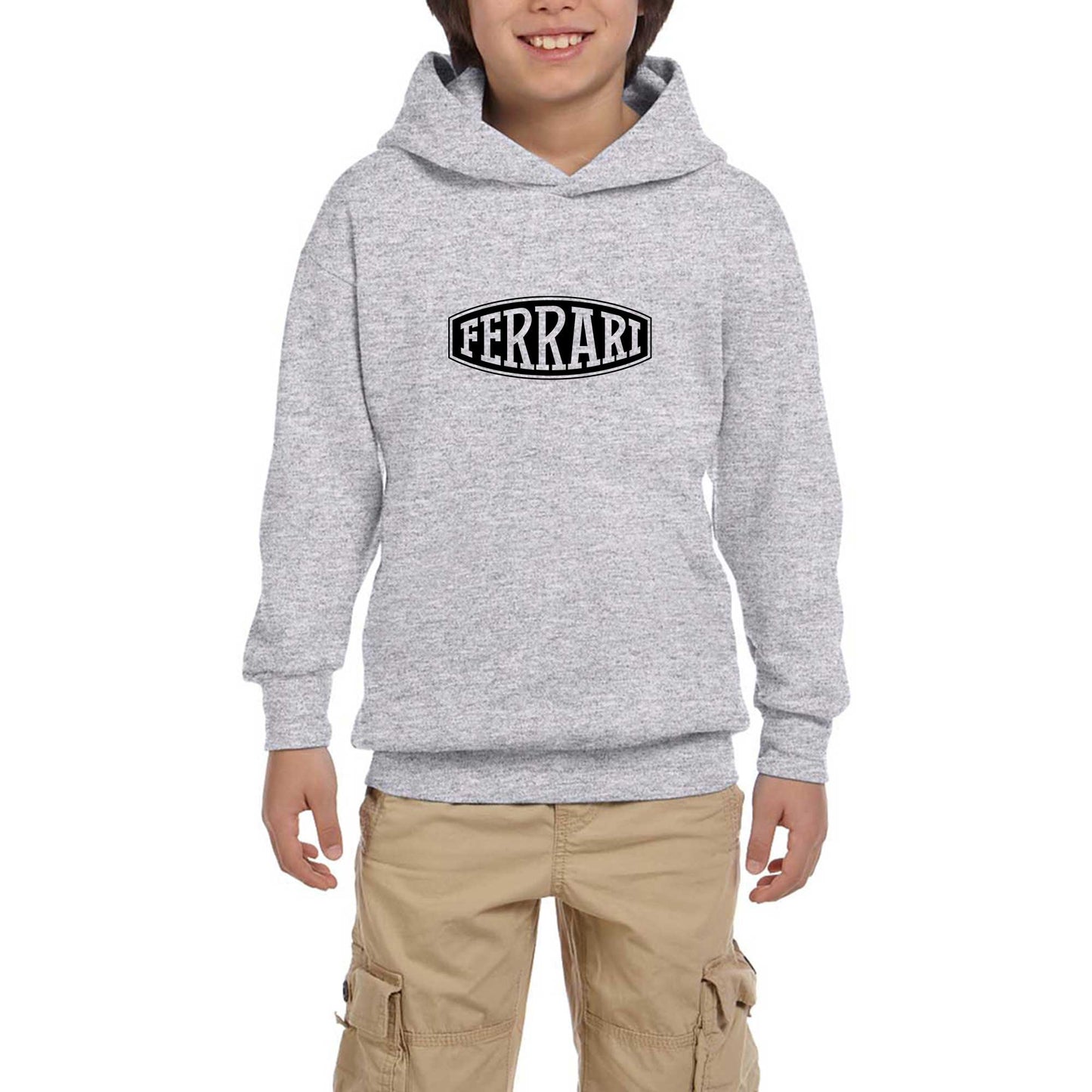 Ferrari Logo Text Gri Çocuk Kapşonlu Sweatshirt