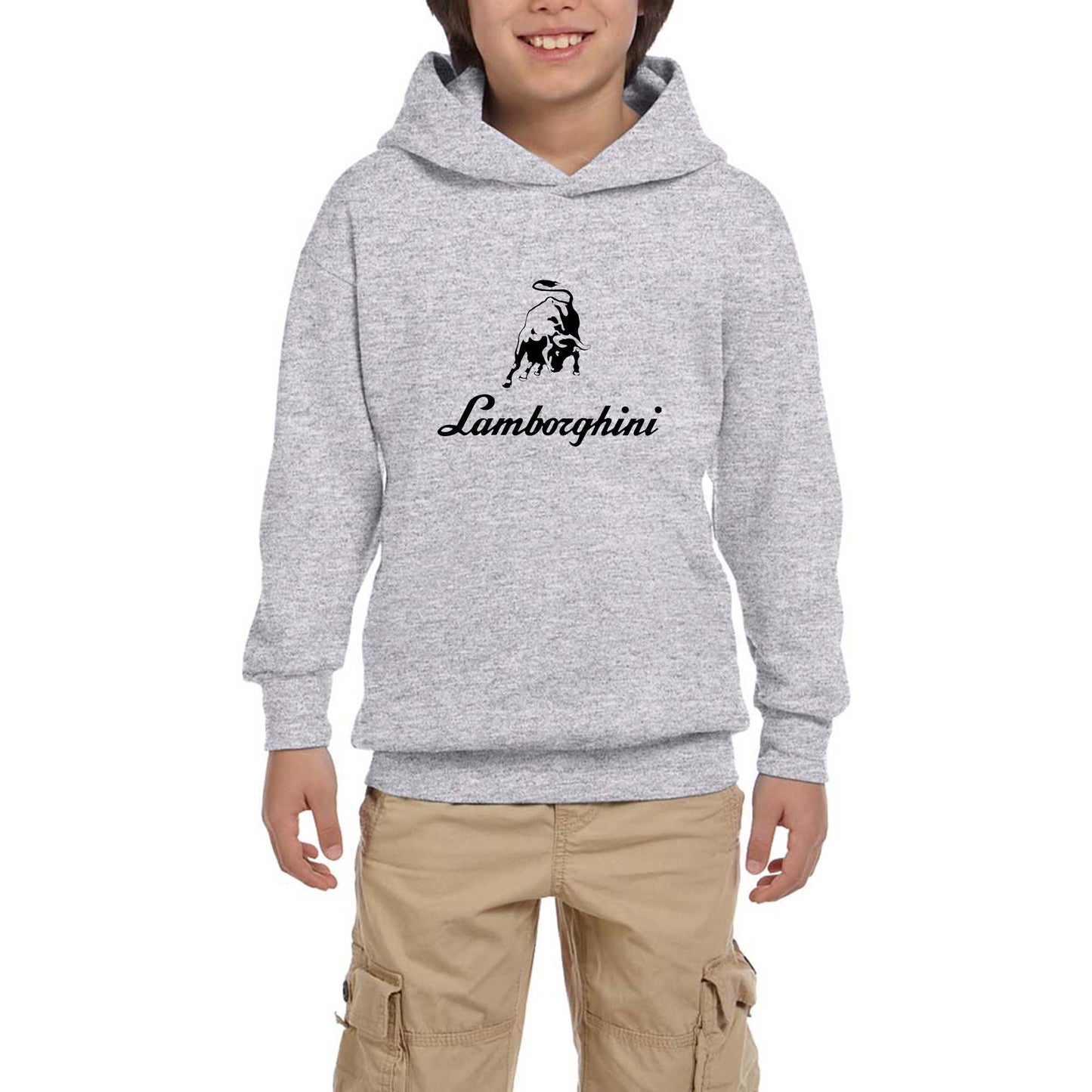 Lamborghini Text Logo Gri Çocuk Kapşonlu Sweatshirt
