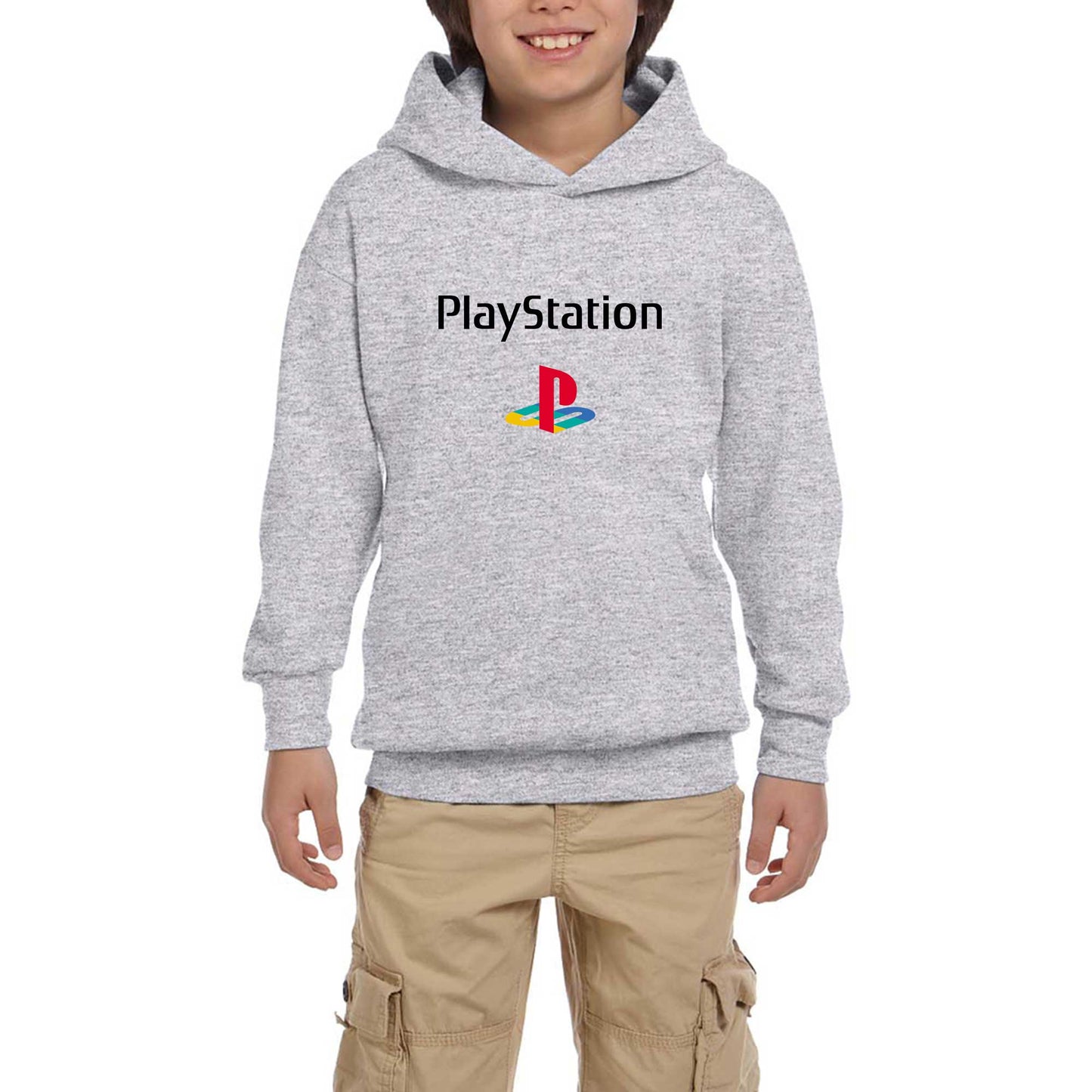 Playstation Logo Text Color Gri Çocuk Kapşonlu Sweatshirt