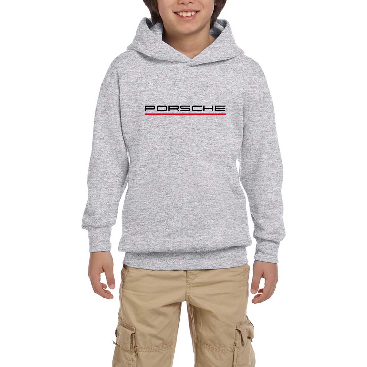 Porsche Text Red Gri Çocuk Kapşonlu Sweatshirt