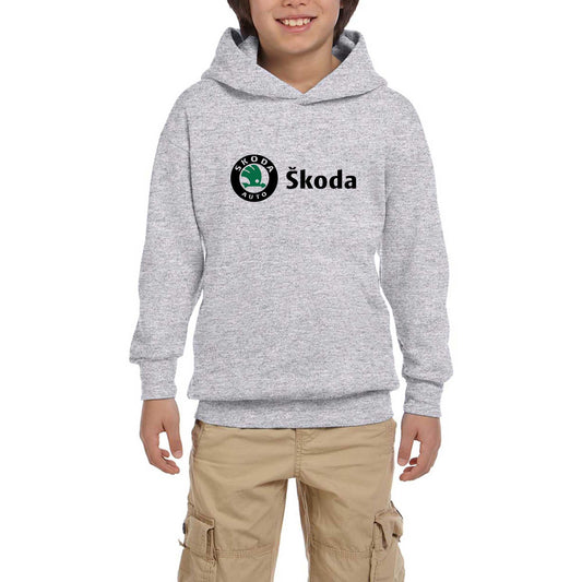 Skoda Text Logo Gri Çocuk Kapşonlu Sweatshirt