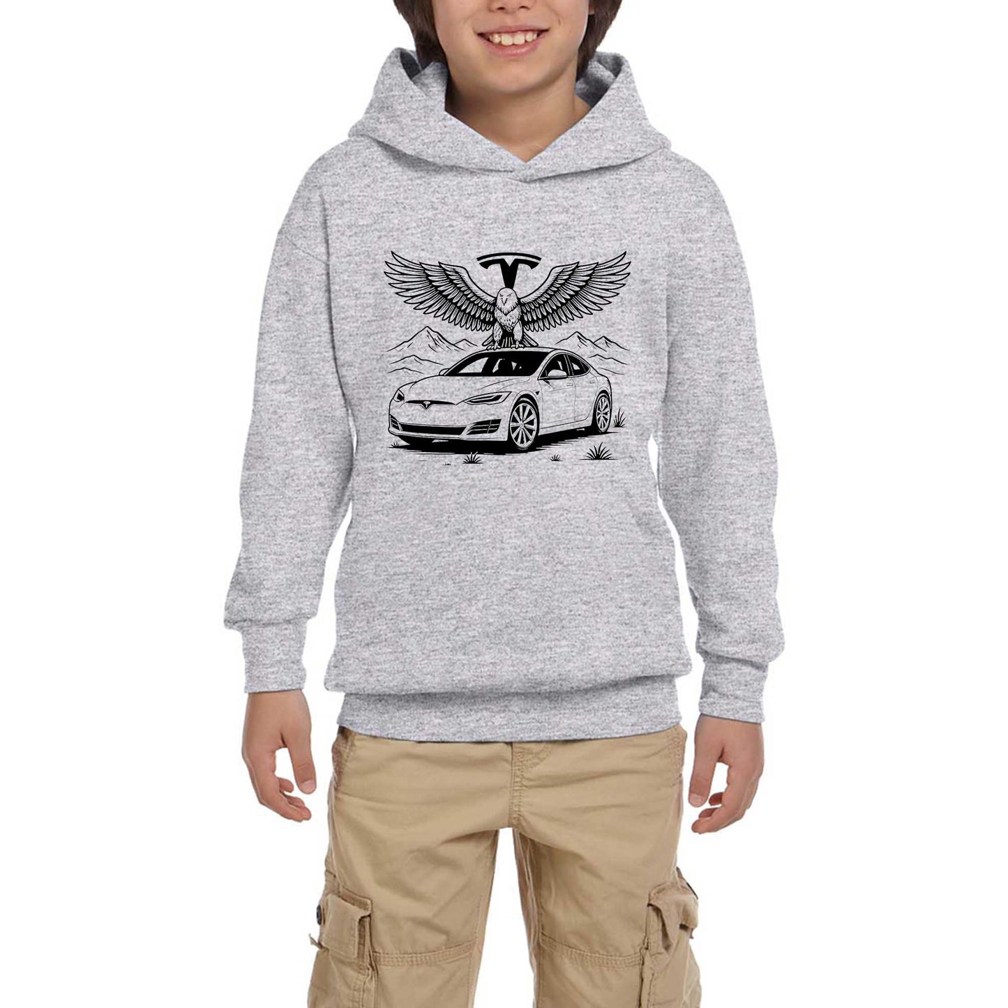 Tesla And Eagle Gri Çocuk Kapşonlu Sweatshirt