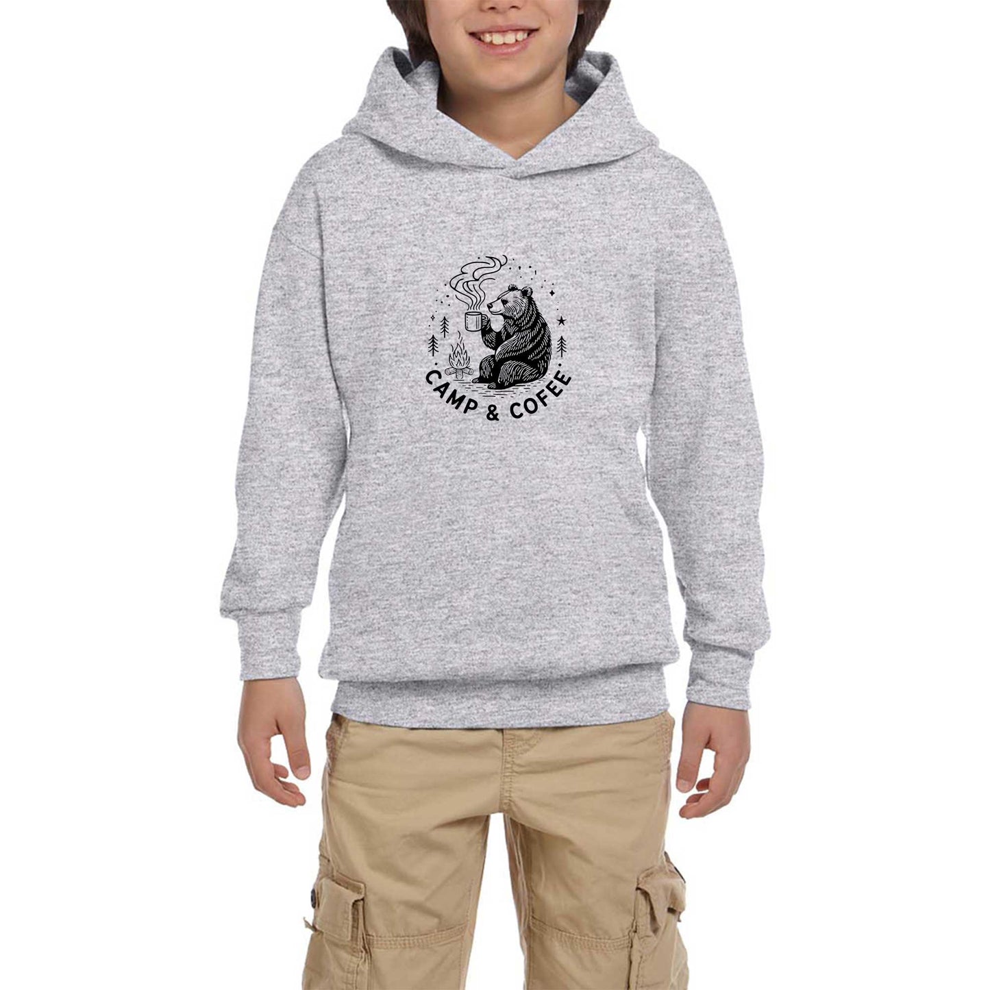 Camp Coffe Bear Gri Çocuk Kapşonlu Sweatshirt