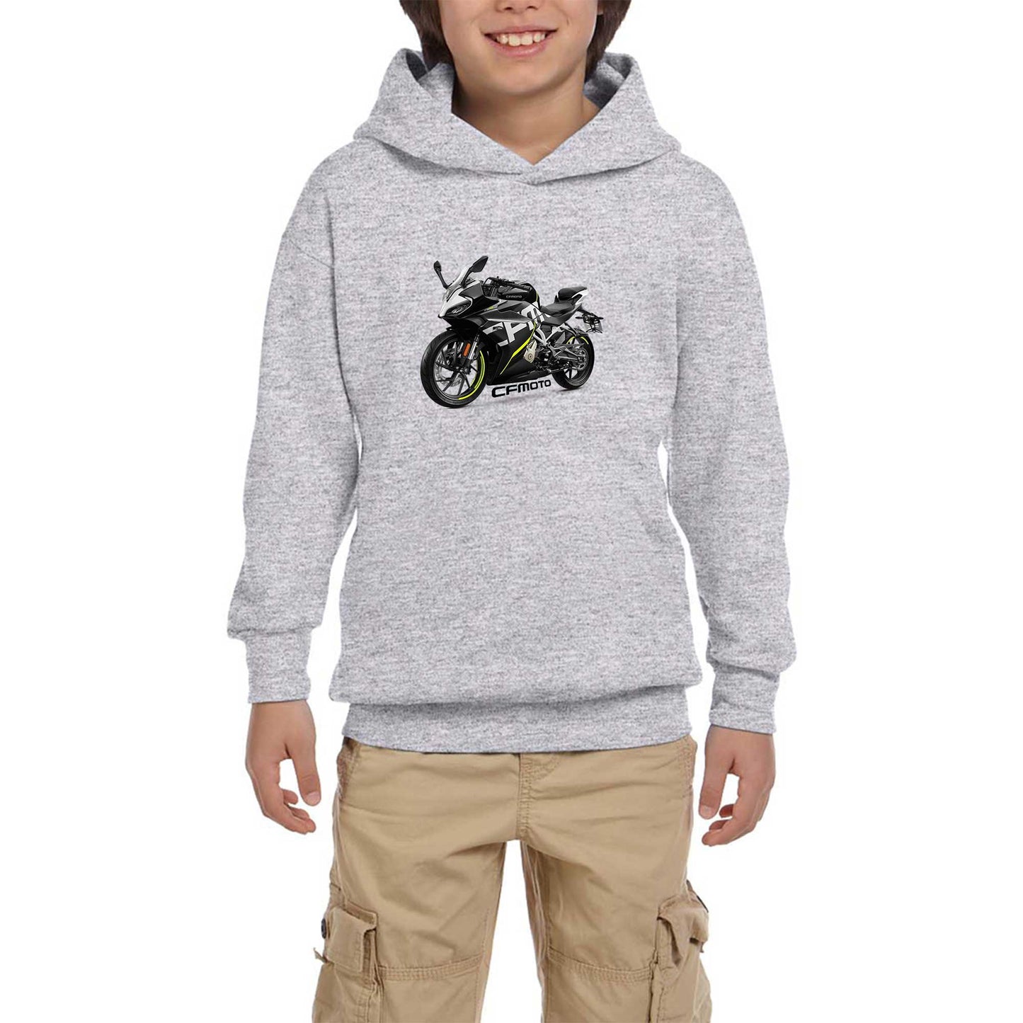 CFMOTO 250SR And Text Gri Çocuk Kapşonlu Sweatshirt