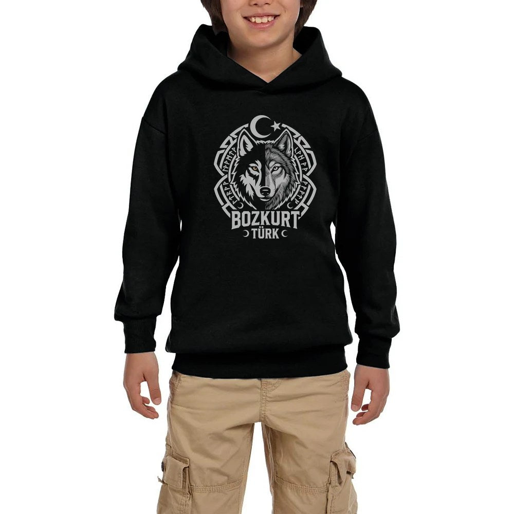 Bozkurt Türk Ay Yıldız Motifli Kurt Başı Baskılı Siyah Çocuk Kapşonlu Sweatshirt