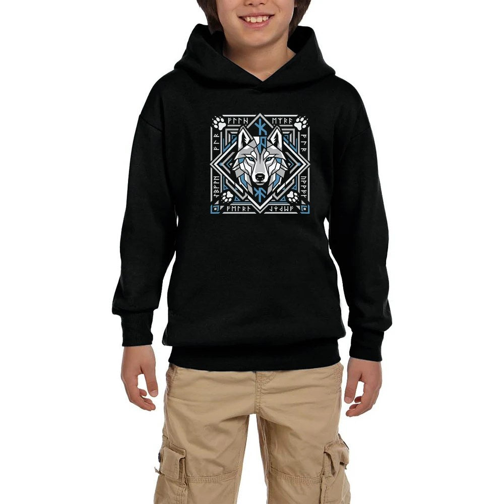 Geometrik Çerçeveli Kurt Başı Baskılı Siyah Çocuk Kapşonlu Sweatshirt
