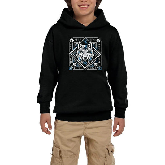 Geometrik Çerçeveli Kurt Başı Baskılı Siyah Çocuk Kapşonlu Sweatshirt