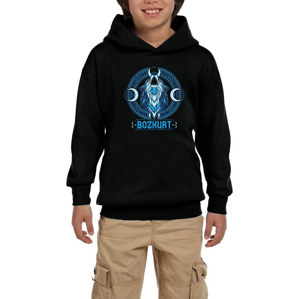Neon Mavi Hilal Detaylı Bozkurt Baskılı Siyah Çocuk Kapşonlu Sweatshirt