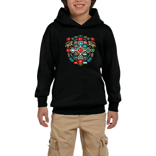 Renkli Mozaik Mandala Türk Motifli Bozkurt Baskılı Siyah Çocuk Kapşonlu Sweatshirt