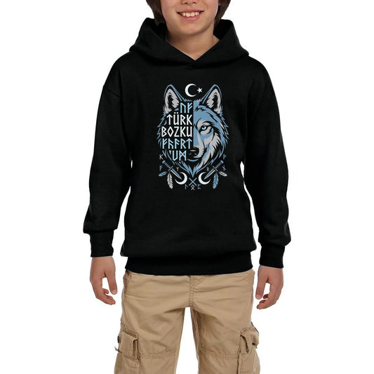 Mavi Ay Yıldızlı Türk Bozkurt Yazılı Baskılı Siyah Çocuk Kapşonlu Sweatshirt