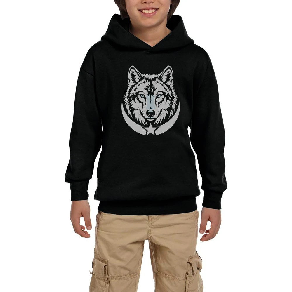 Gri Gerçekçi Kurt Başı ve Hilal Baskılı Siyah Çocuk Kapşonlu Sweatshirt