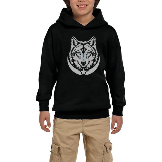 Gri Gerçekçi Kurt Başı ve Hilal Baskılı Siyah Çocuk Kapşonlu Sweatshirt