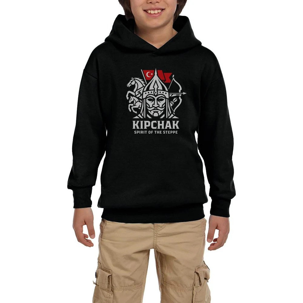 Kıpçak Atlı Okçu Türk Bayraklı Baskılı Siyah Çocuk Kapşonlu Sweatshirt