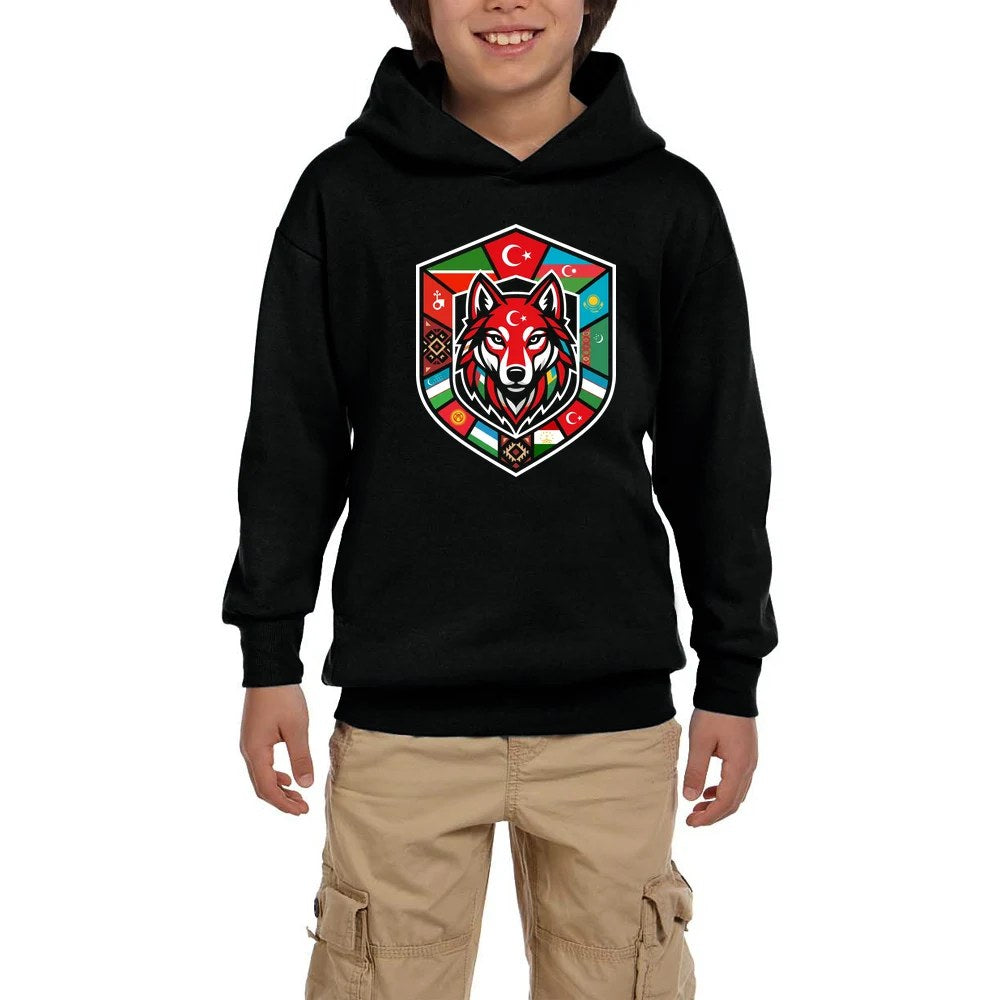 Türk Devletleri Bayraklı Kalkan Bozkurt Baskılı Siyah Çocuk Kapşonlu Sweatshirt
