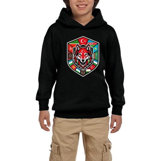 Türk Devletleri Bayraklı Kalkan Bozkurt Baskılı Siyah Çocuk Kapşonlu Sweatshirt