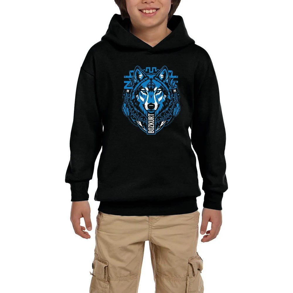 Mavi Soyut Çizgi Kurt Başı Baskılı Siyah Çocuk Kapşonlu Sweatshirt