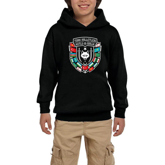 Türk Dünyası Bayrakları Kalkan Amblem Baskılı Siyah Çocuk Kapşonlu Sweatshirt
