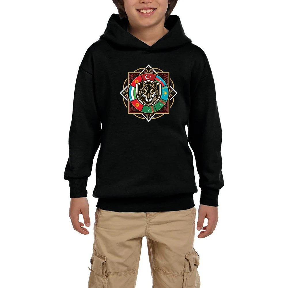 Sekizgen Mandala Bayraklı Bozkurt Baskılı Siyah Çocuk Kapşonlu Sweatshirt